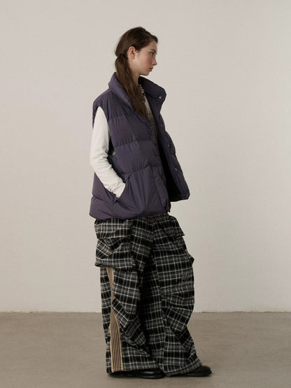 Achihara Stretch Pleated Straight Leg Plaid Mid Low Waist Polyester Women Pants