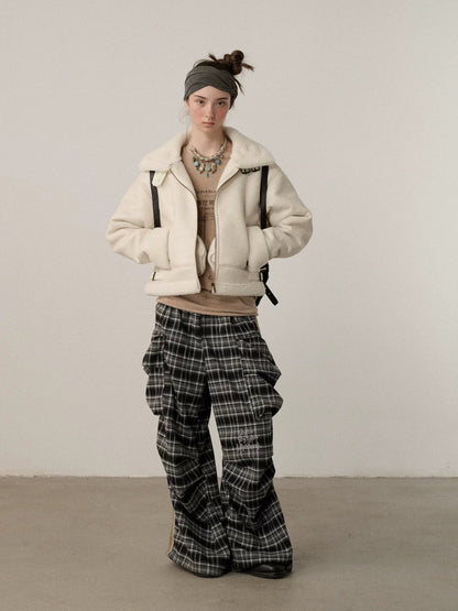 Achihara Stretch Pleated Straight Leg Plaid Mid Low Waist Polyester Women Pants