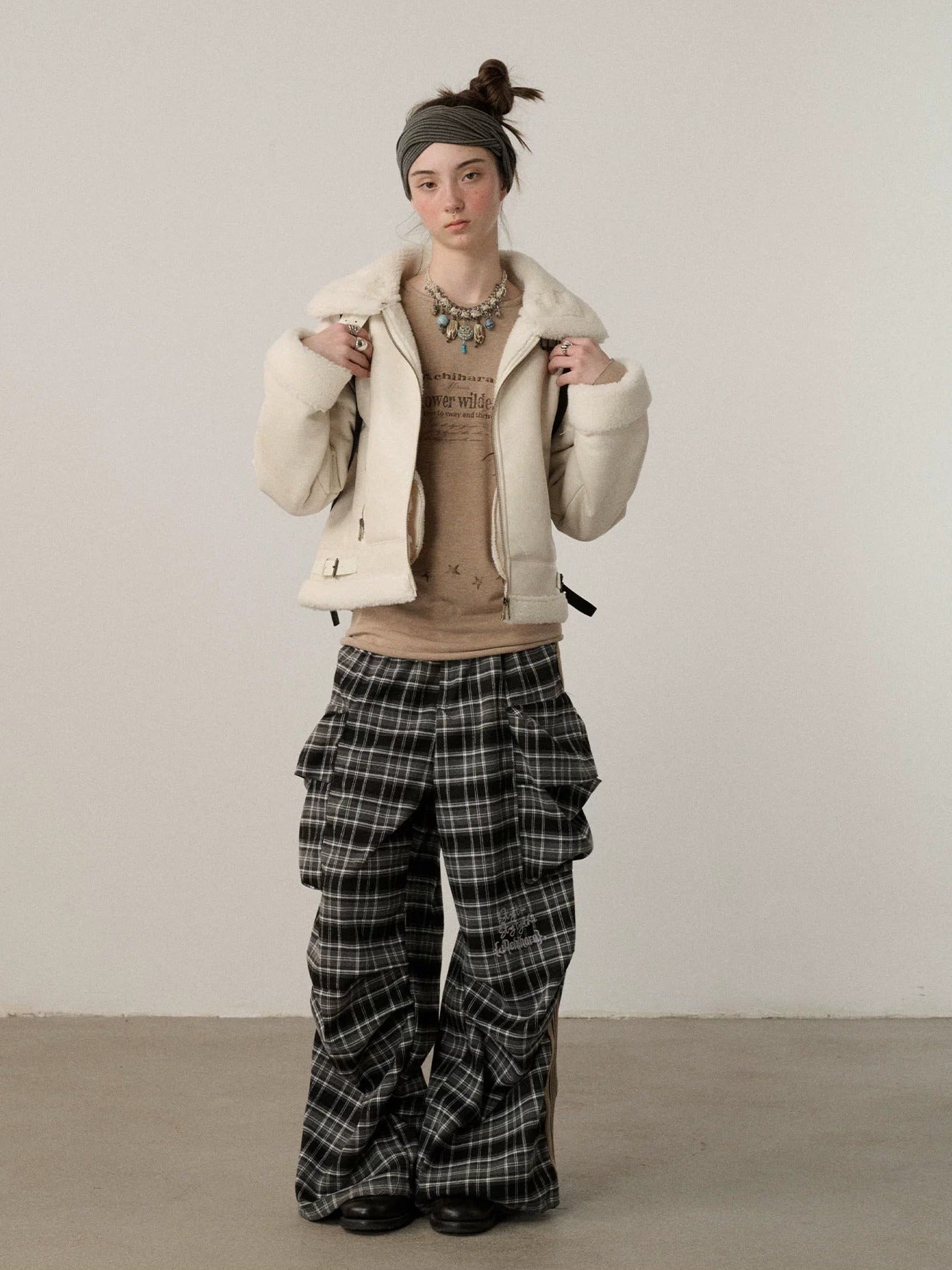 Achihara Stretch Pleated Straight Leg Plaid Mid Low Waist Polyester Women Pants