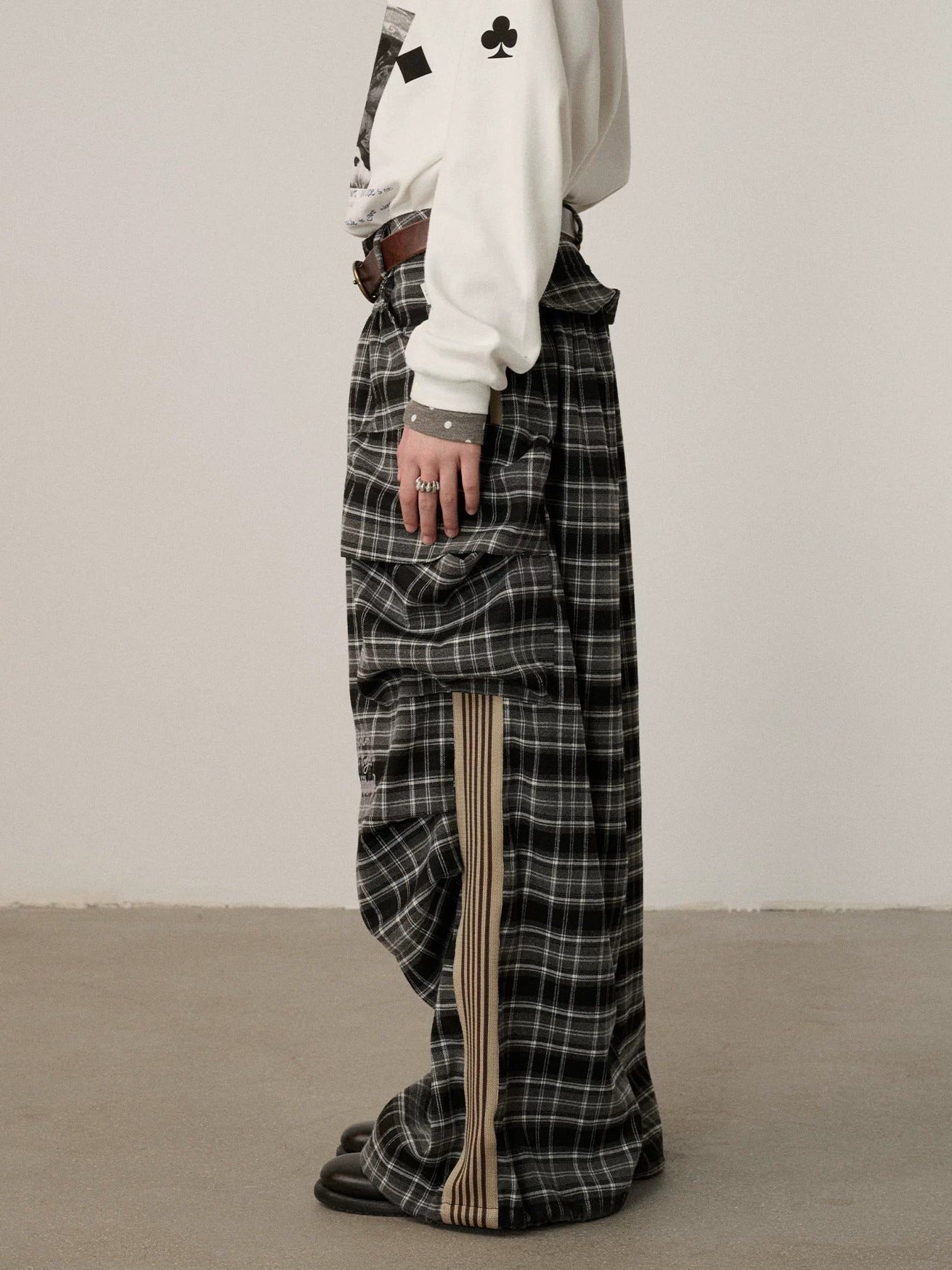 Achihara Stretch Pleated Straight Leg Plaid Mid Low Waist Polyester Women Pants