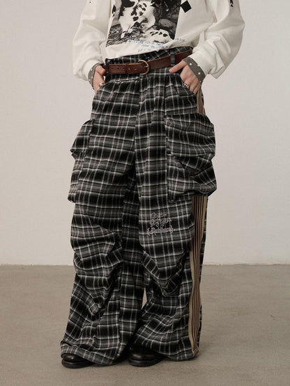 Achihara Stretch Pleated Straight Leg Plaid Mid Low Waist Polyester Women Pants