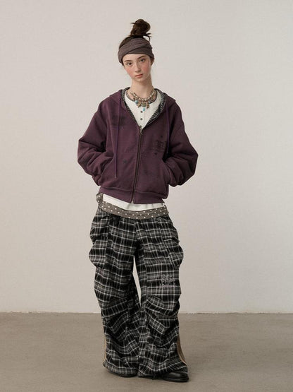 Achihara Stretch Pleated Straight Leg Plaid Mid Low Waist Polyester Women Pants