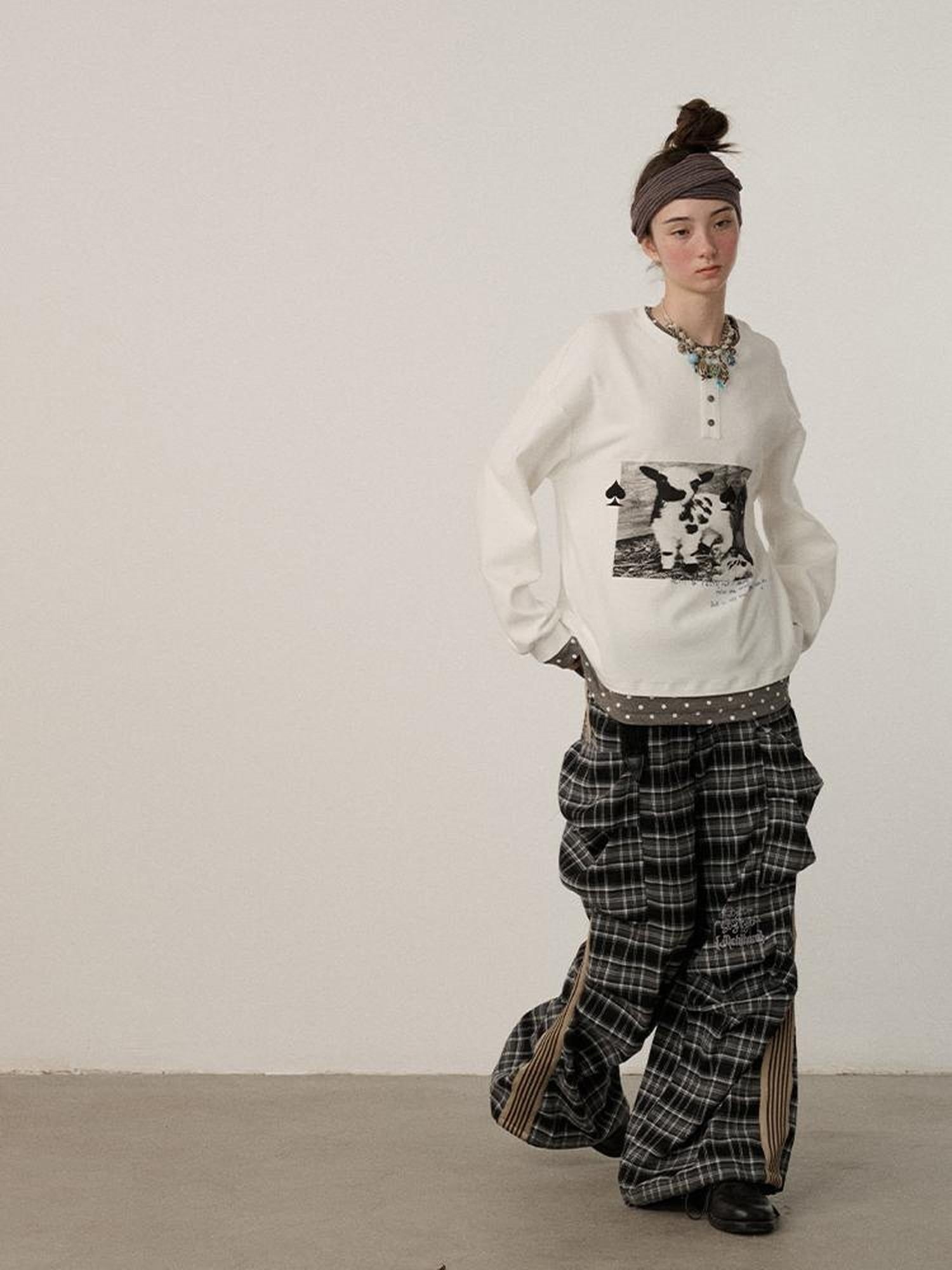 Achihara Stretch Pleated Straight Leg Plaid Mid Low Waist Polyester Women Pants