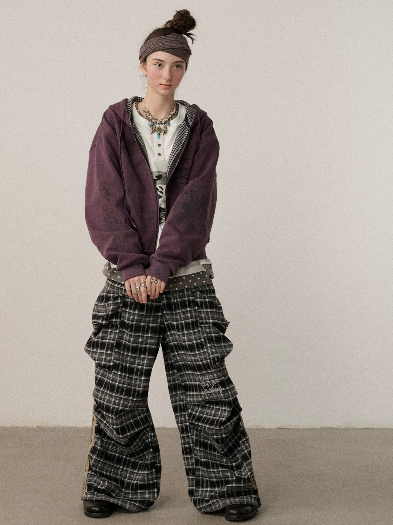 Achihara Stretch Pleated Straight Leg Plaid Mid Low Waist Polyester Women Pants