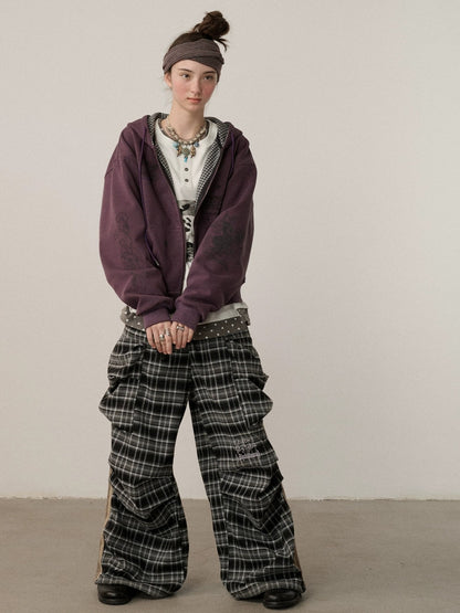 Achihara Stretch Pleated Straight Leg Plaid Mid Low Waist Polyester Women Pants