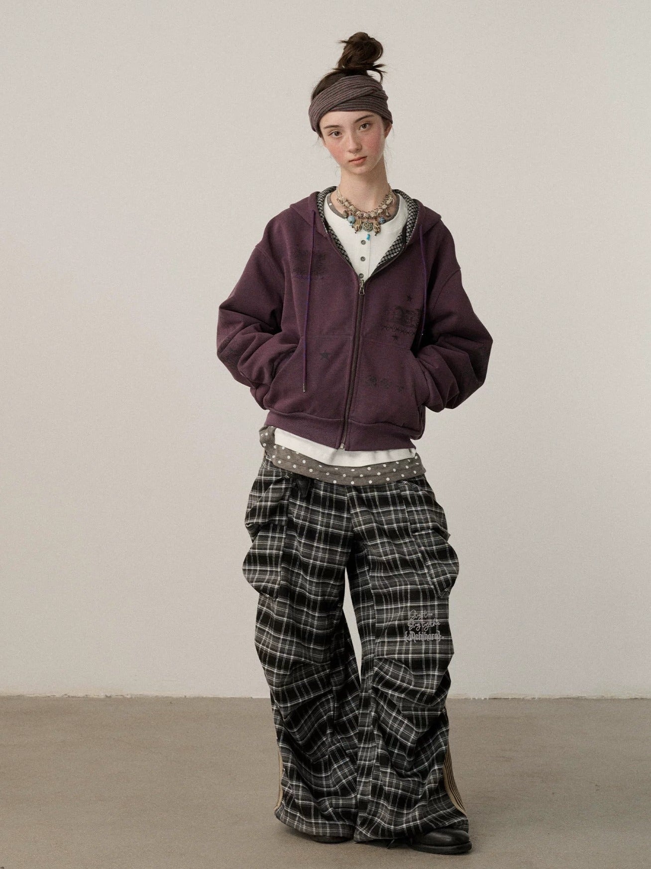 Achihara Stretch Pleated Straight Leg Plaid Mid Low Waist Polyester Women Pants