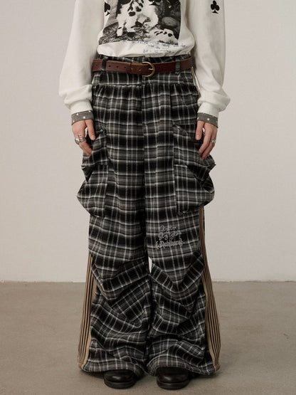 Achihara Stretch Pleated Straight Leg Plaid Mid Low Waist Polyester Women Pants