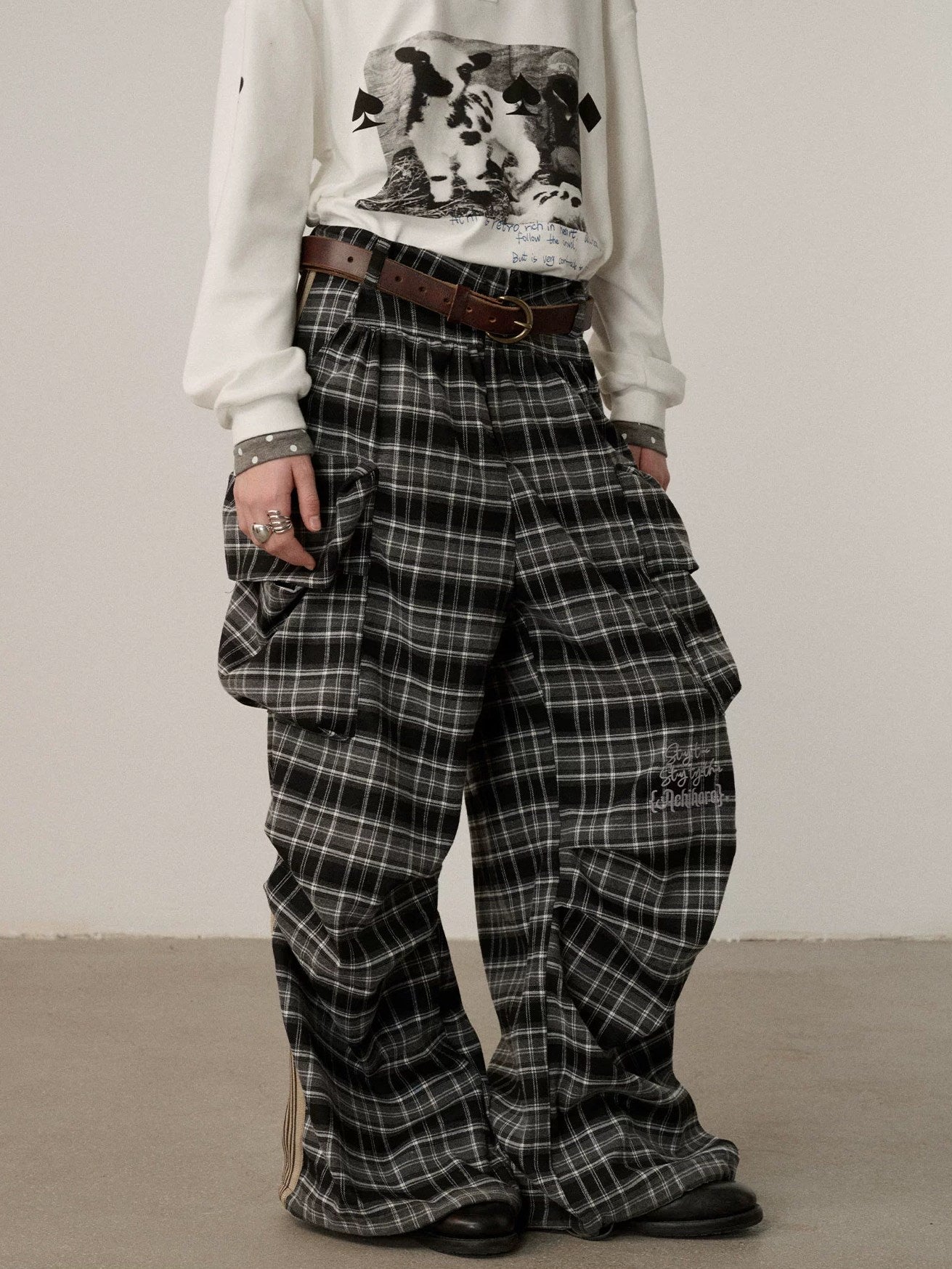 Achihara Stretch Pleated Straight Leg Plaid Mid Low Waist Polyester Women Pants