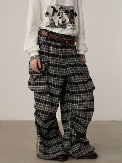 Achihara Stretch Pleated Straight Leg Plaid Mid Low Waist Polyester Women Pants