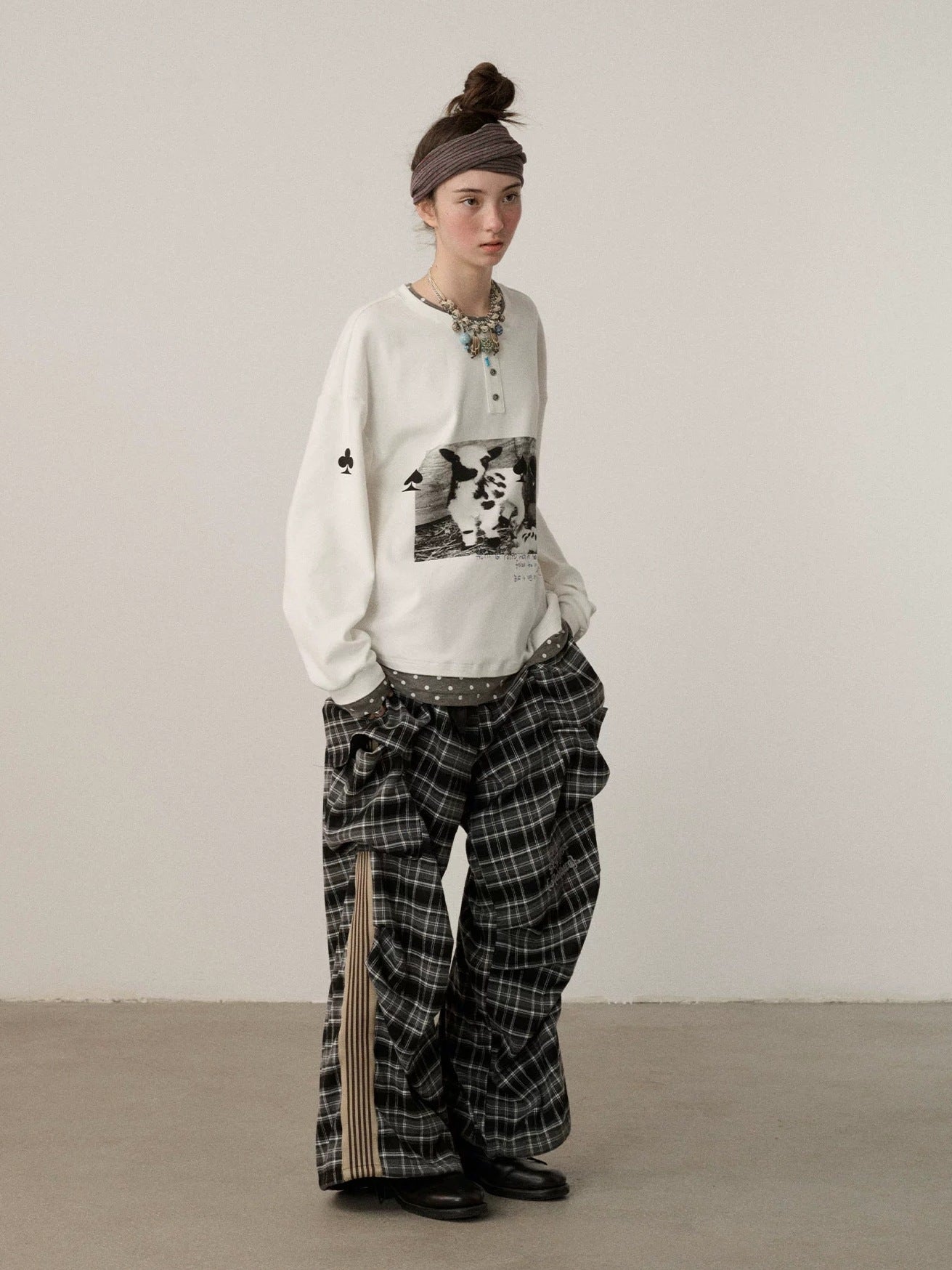 Achihara Stretch Pleated Straight Leg Plaid Mid Low Waist Polyester Women Pants