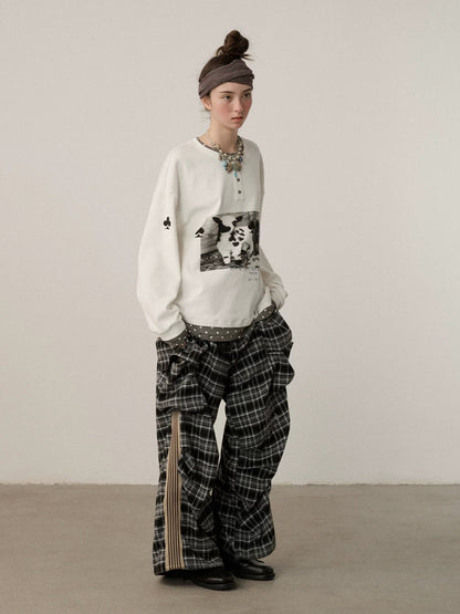 Achihara Stretch Pleated Straight Leg Plaid Mid Low Waist Polyester Women Pants