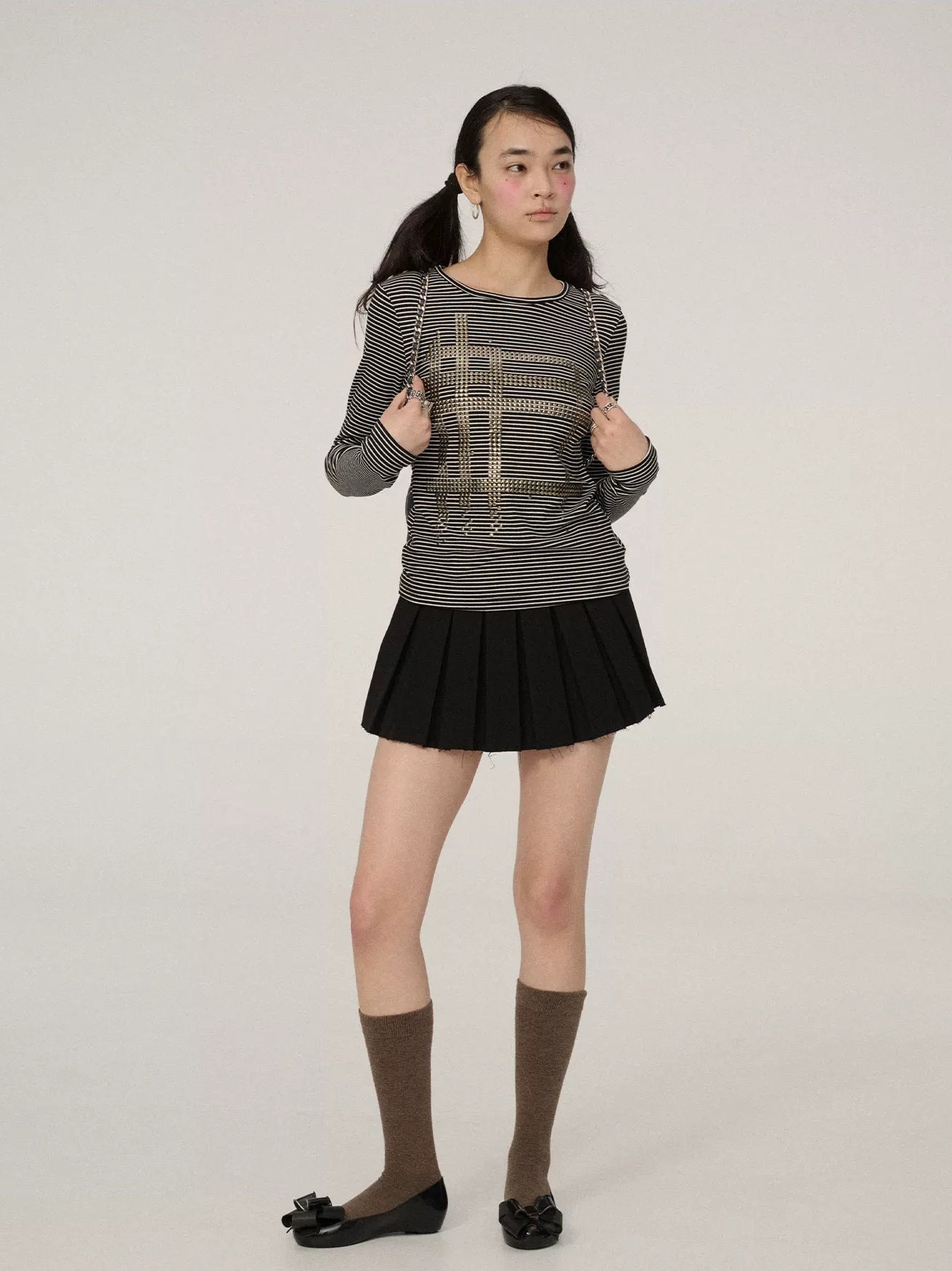 Achihara Stretch Slim Fit Black White Striped Crewneck Long Sleeve Women Commuter T-Shirt