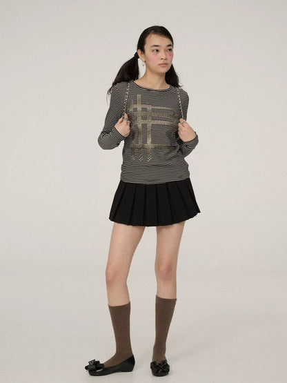 Achihara Stretch Slim Fit Black White Striped Crewneck Long Sleeve Women Commuter T-Shirt