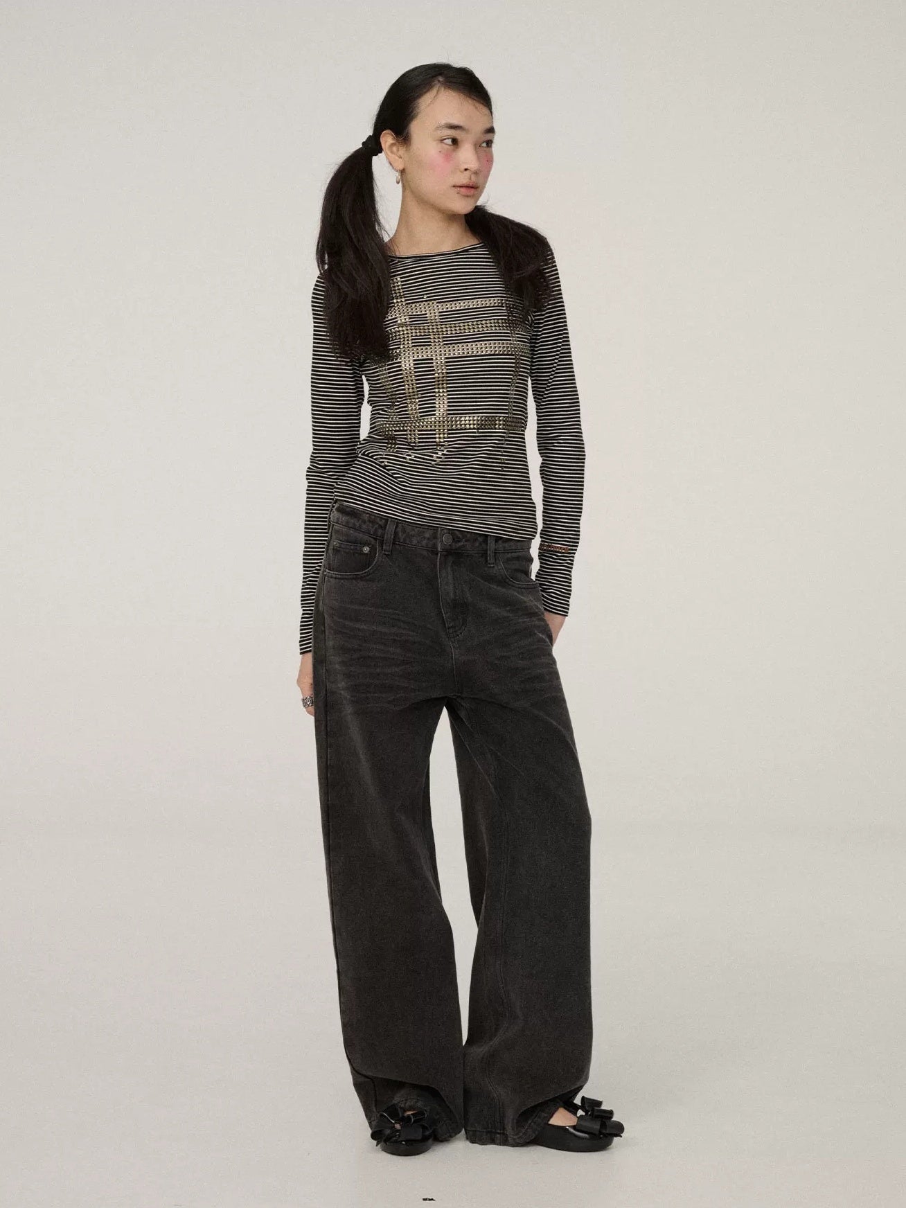 Achihara Stretch Slim Fit Black White Striped Crewneck Long Sleeve Women Commuter T-Shirt
