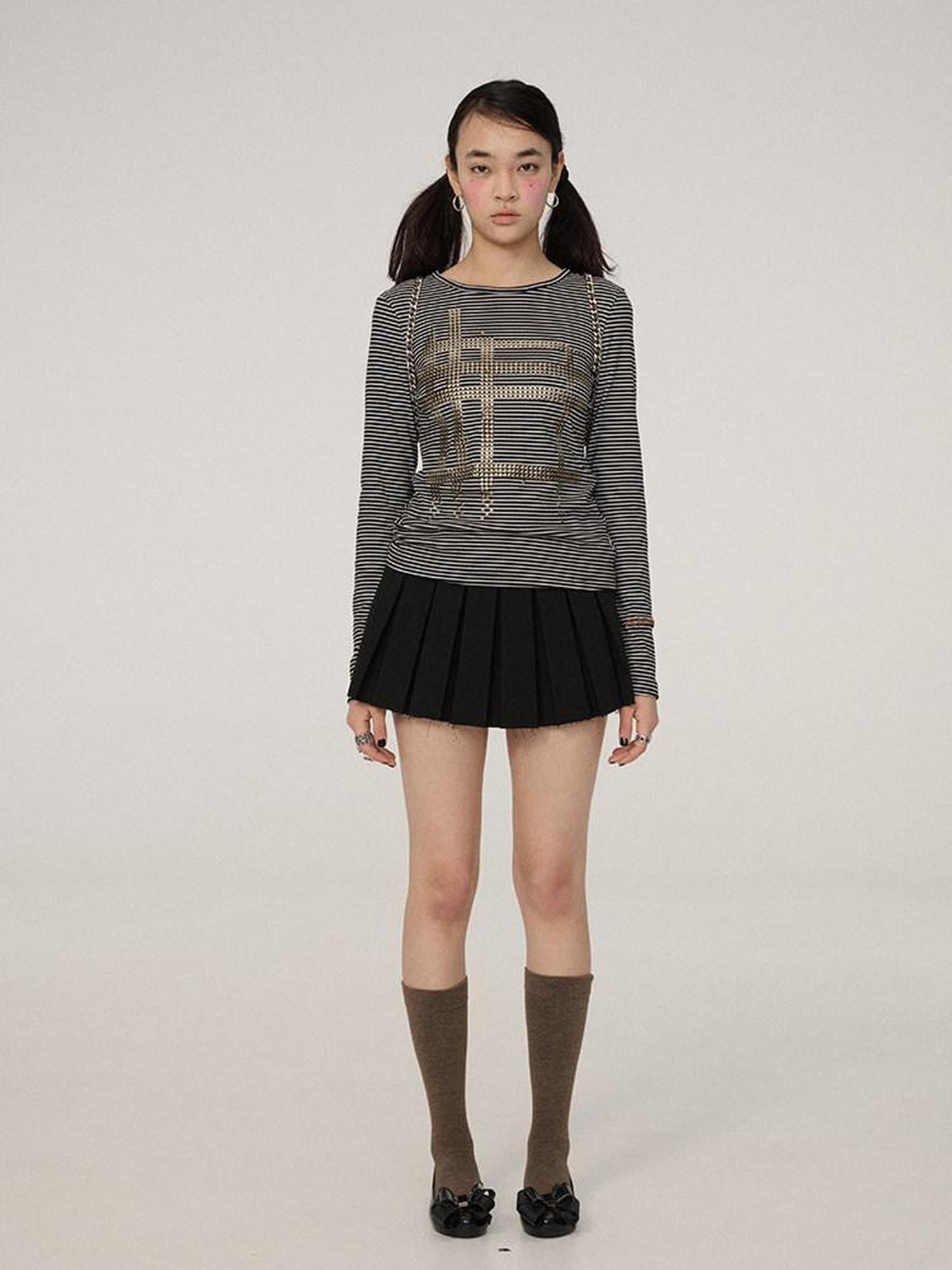 Achihara Stretch Slim Fit Black White Striped Crewneck Long Sleeve Women Commuter T-Shirt