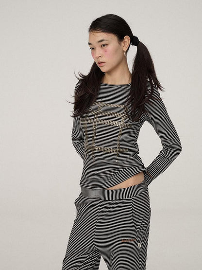 Achihara Stretch Slim Fit Black White Striped Crewneck Long Sleeve Women Commuter T-Shirt