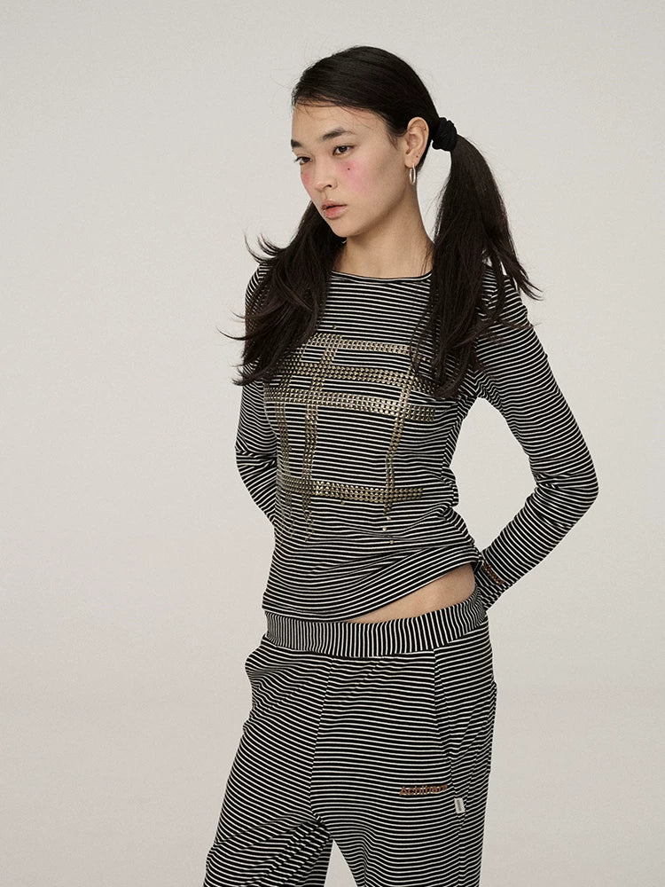Achihara Stretch Slim Fit Black White Striped Crewneck Long Sleeve Women Commuter T-Shirt-5