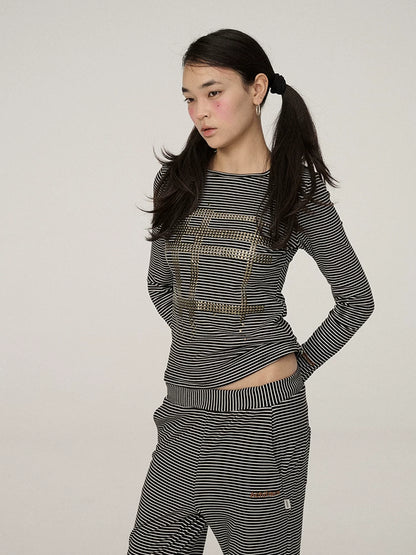 Achihara Stretch Slim Fit Black White Striped Crewneck Long Sleeve Women Commuter T-Shirt-5
