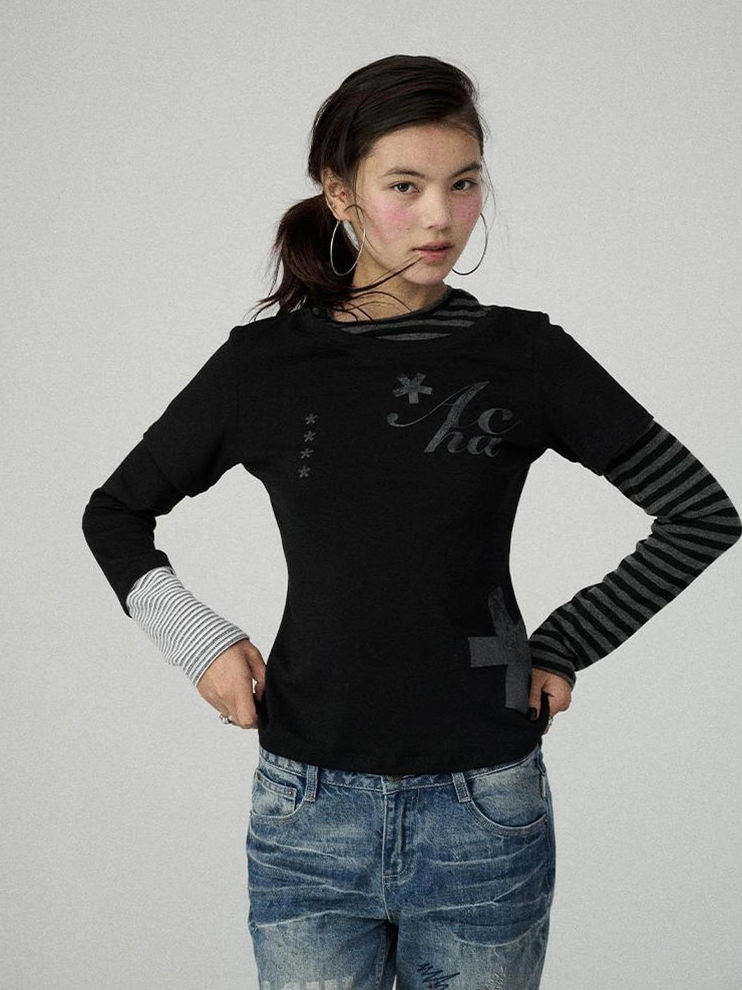 Achihara Stretchy Cotton Linen Women Commuter Long Sleeve Letter Print T-Shirt