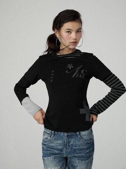 Achihara Stretchy Cotton Linen Women Commuter Long Sleeve Letter Print T-Shirt