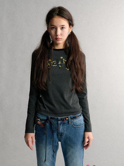 Achihara Striped Print Crew Neck Pullover Women&
