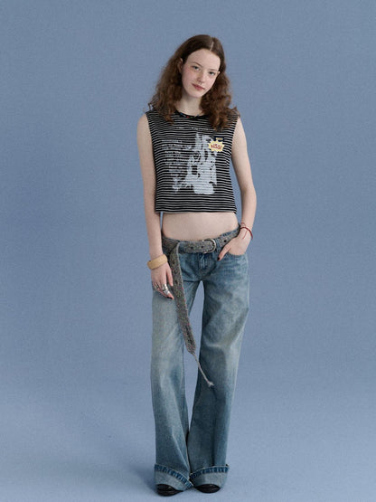 Achihara Striped Seaweed Print Badge Slim Fit Women&