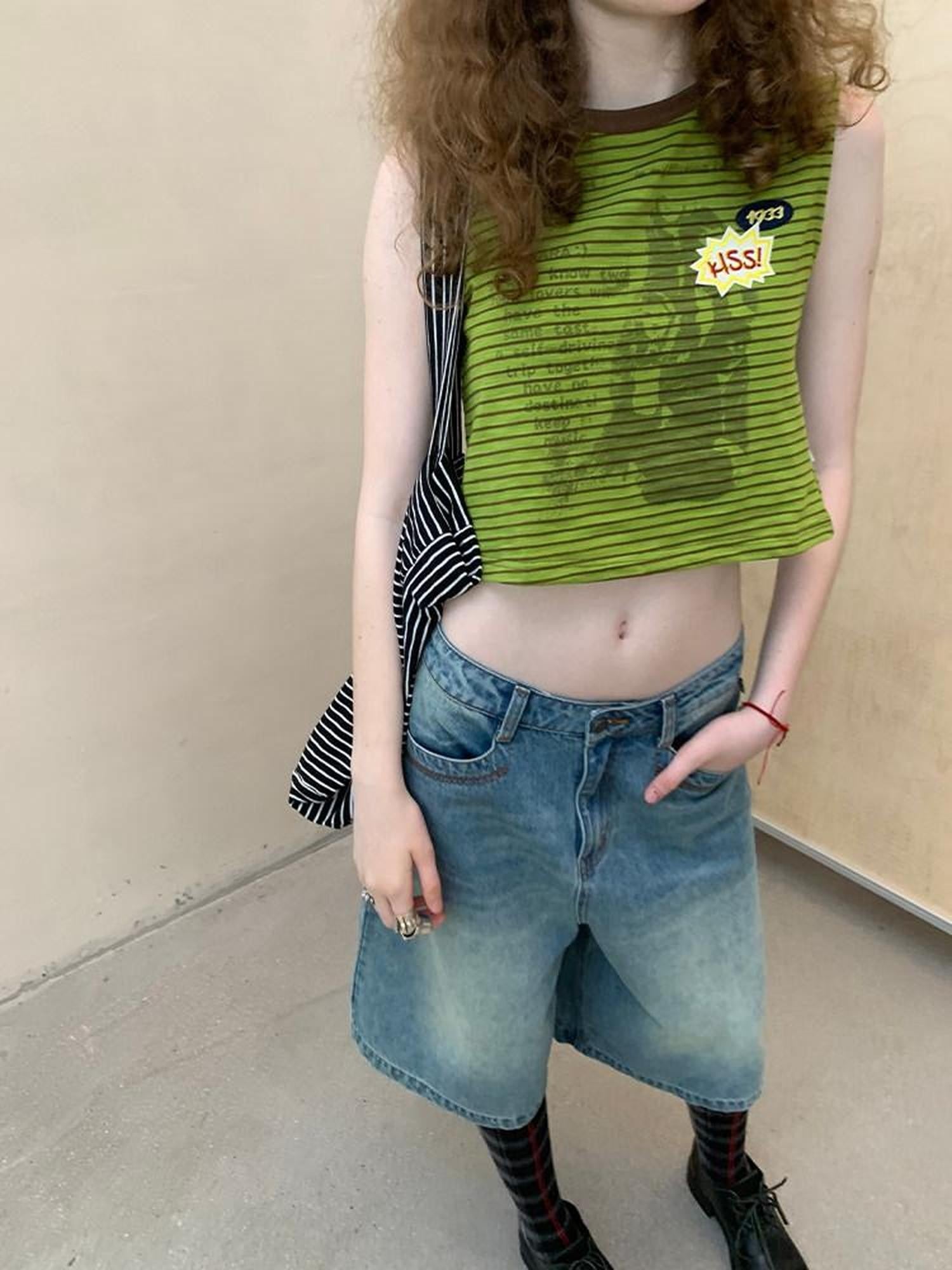 Achihara Striped Seaweed Print Badge Slim Fit Women&
