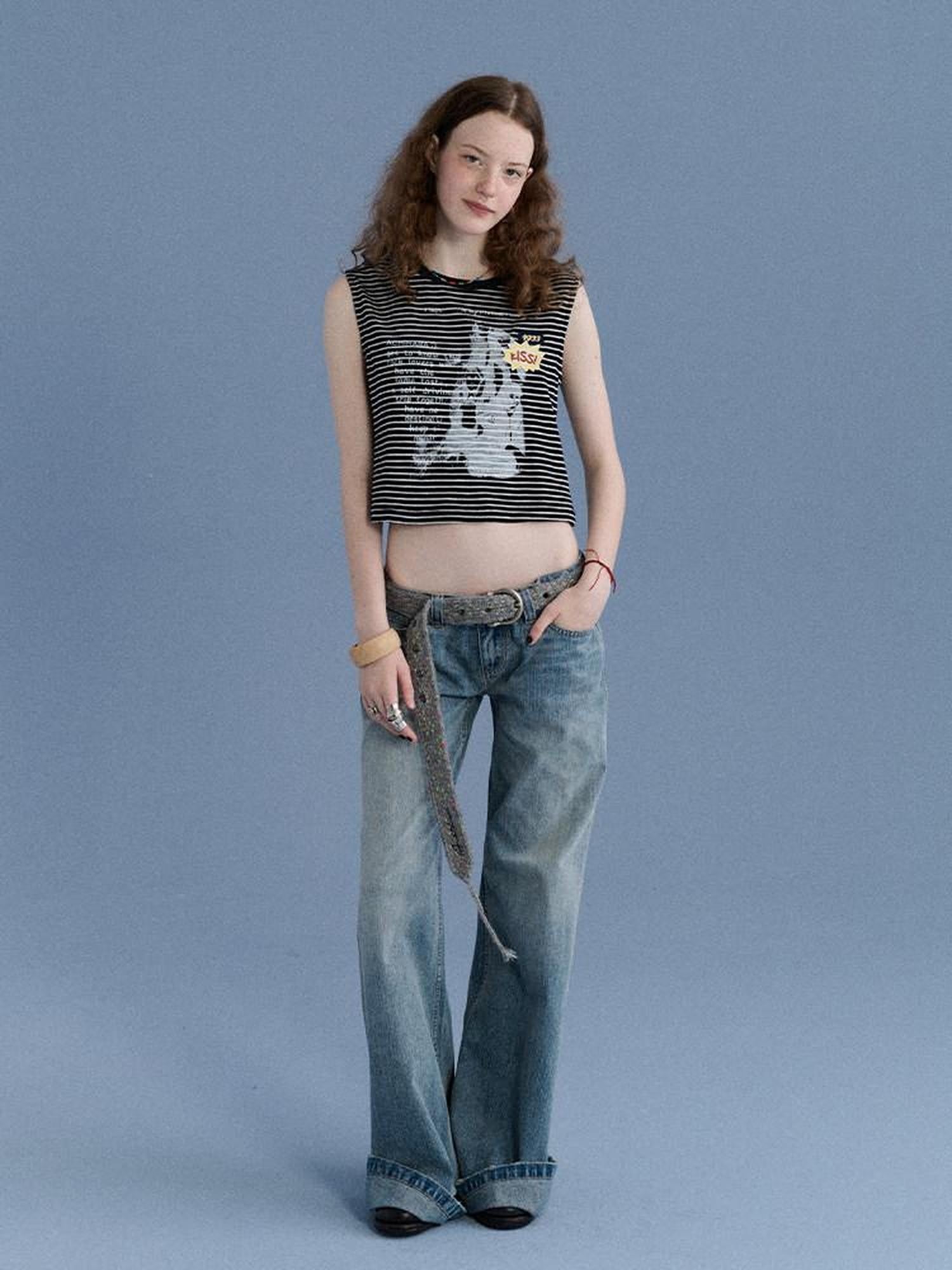 Achihara Striped Seaweed Print Badge Slim Fit Women&