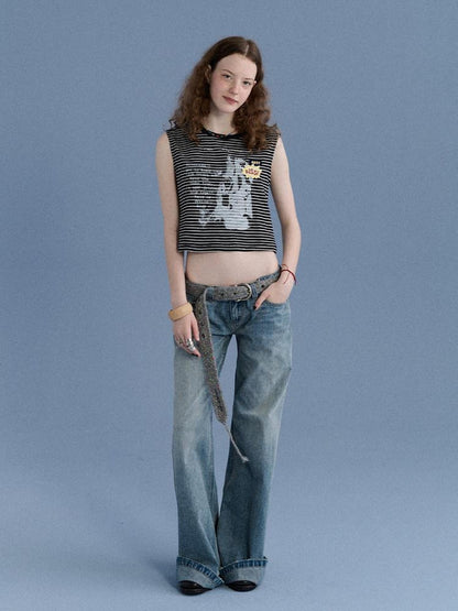 Achihara Striped Seaweed Print Badge Slim Fit Women&