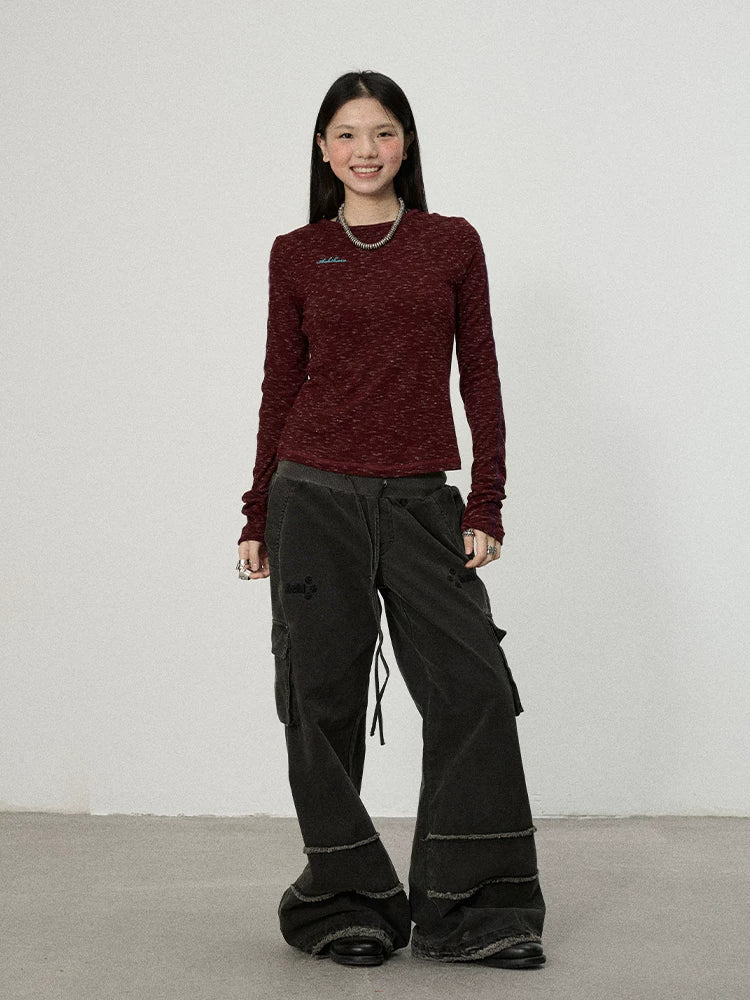 Achihara Striped Velvet Ribbed Long Sleeve V-neck Top-1