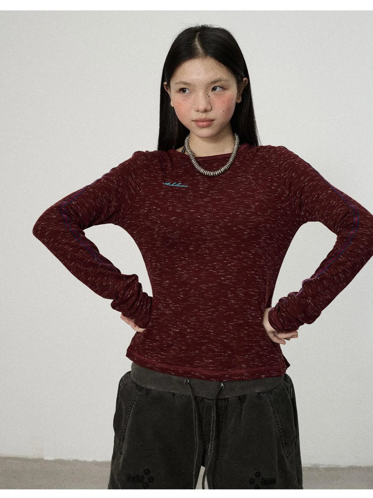 Striped Velvet Ribbed Long Sleeve V-neck Top