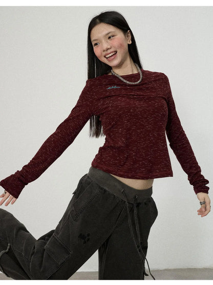 Striped Velvet Ribbed Long Sleeve V-neck Top