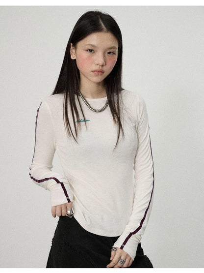 Striped Velvet Ribbed Long Sleeve V-neck Top