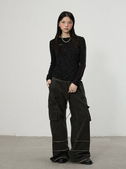 Achihara Striped Velvet Ribbed Long Sleeve V-neck Top-3