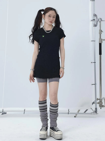 Summer Black Cropped Bubble Sleeve T-shirt Round Neck Top