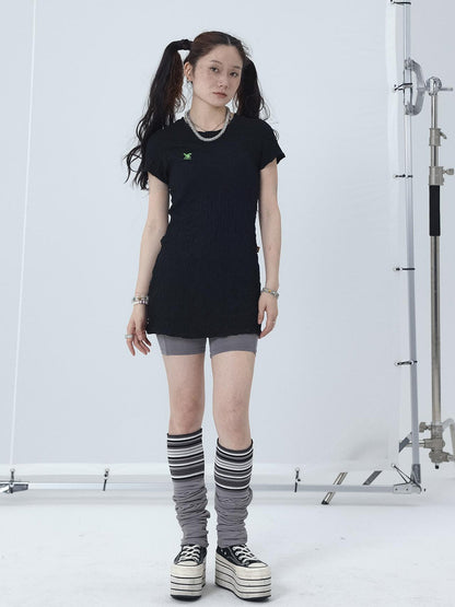 Achihara Summer Black Cropped Bubble Sleeve T-shirt Round Neck Top