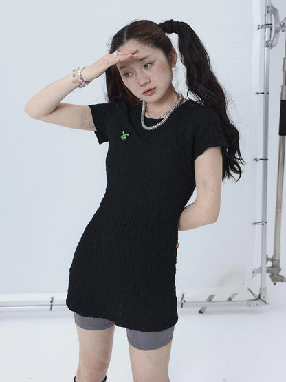 Summer Black Cropped Bubble Sleeve T-shirt Round Neck Top