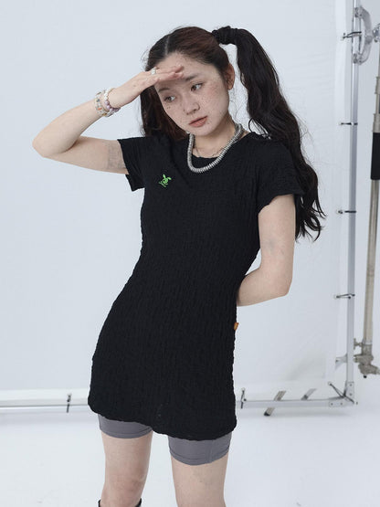 Achihara Summer Black Cropped Bubble Sleeve T-shirt Round Neck Top