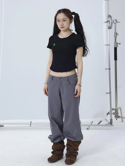 Summer Black Cropped Bubble Sleeve T-shirt Round Neck Top