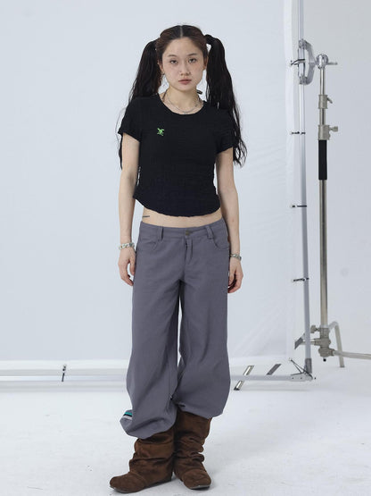 Achihara Summer Black Cropped Bubble Sleeve T-shirt Round Neck Top