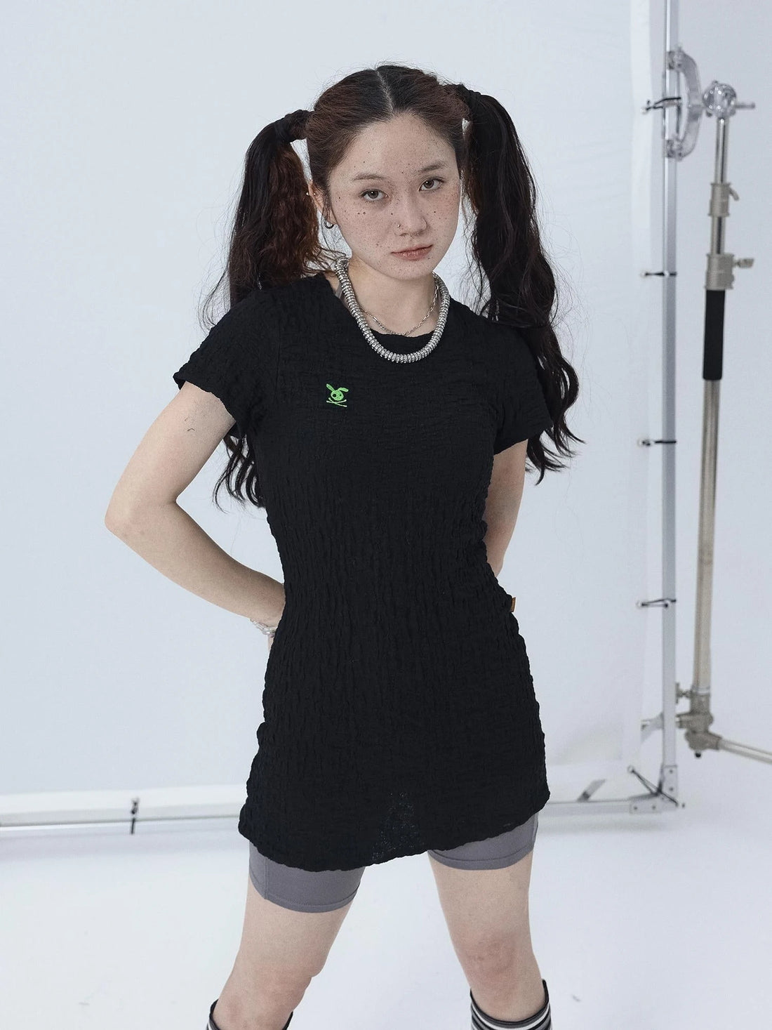 Summer Black Cropped Bubble Sleeve T-shirt Round Neck Top