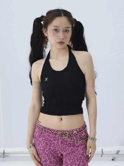 Summer Black Cropped Bubble Sleeve T-shirt Round Neck Top