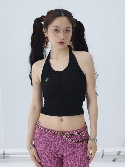 Achihara Summer Black Cropped Bubble Sleeve T-shirt Round Neck Top