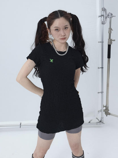 Achihara Summer Black Cropped Bubble Sleeve T-shirt Round Neck Top