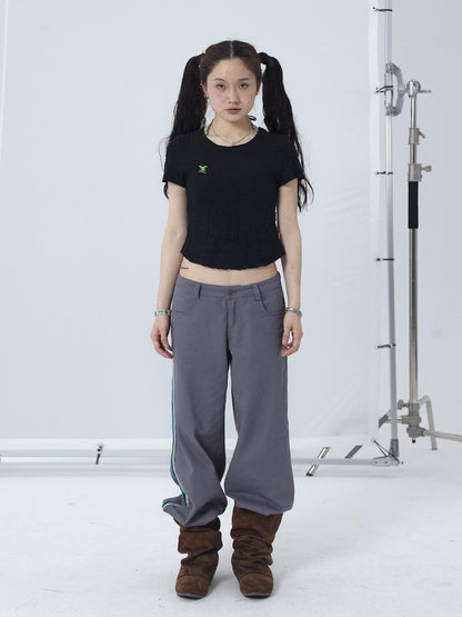 Achihara Summer Black Cropped Bubble Sleeve T-shirt Round Neck Top