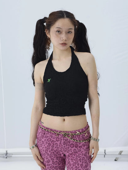 Summer Black Cropped Bubble Sleeve T-shirt Round Neck Top