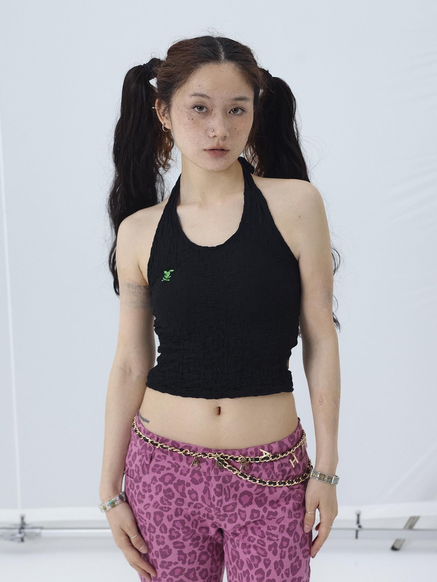 Achihara Summer Black Cropped Bubble Sleeve T-shirt Round Neck Top