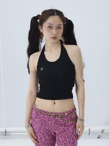 Achihara Summer Black Cropped Bubble Sleeve T-shirt Round Neck Top