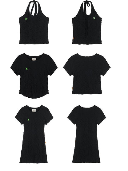 Achihara Summer Black Cropped Bubble Sleeve T-shirt Round Neck Top