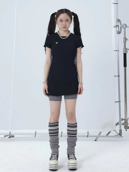 Summer Black Cropped Bubble Sleeve T-shirt Round Neck Top